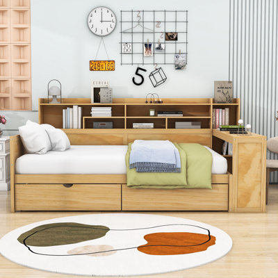 Wood Daybed with Storage Shelves,2 Storage Drawers and Study Desk by Lark Manor