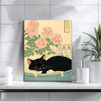 Ensemble de 2 art mural japonais pour salle de bain, drôle de chat noir et de grenouille, scène de bain sur toile encadrée pour salle de bain 12 x 16 po
