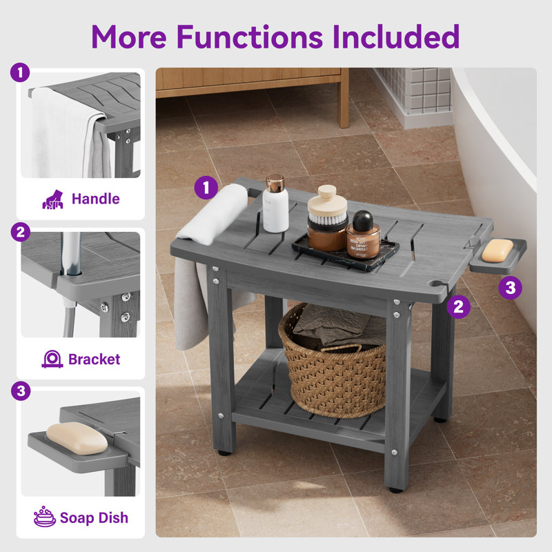 Tabouret de douche d'une capacité de 400 lb avec tablette et poignée, siège de salle de bain imperméable avec pieds antidérapants, banc utilitaire intérieur / extérieur facile à assembler pour adultes, gris