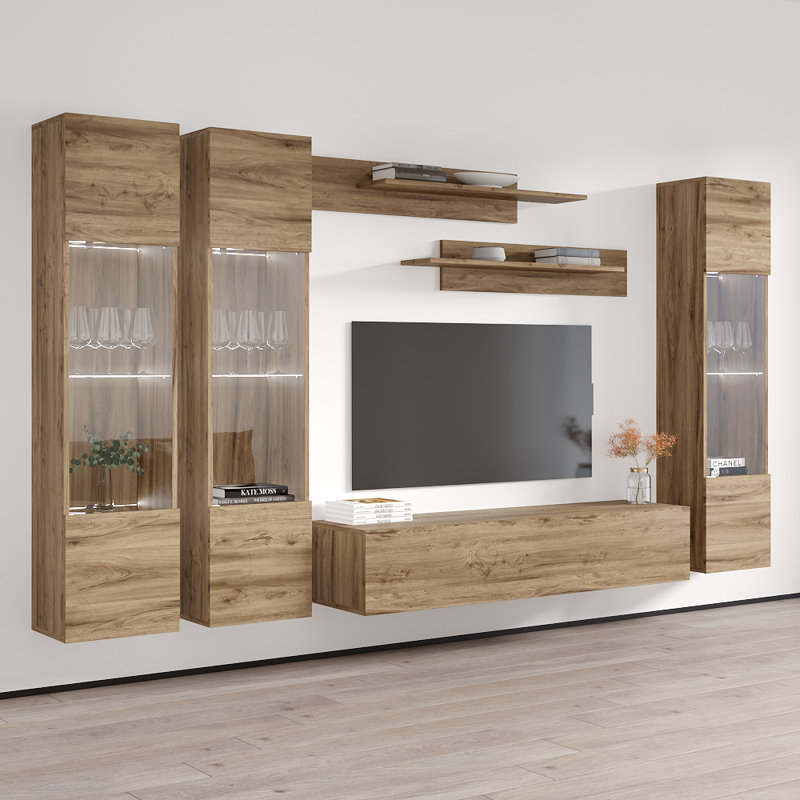 Narberth 120" Modern Floating Wall Mounted Entertainment Center with 16-Color LED Lighting, High Gloss Finish, Oak