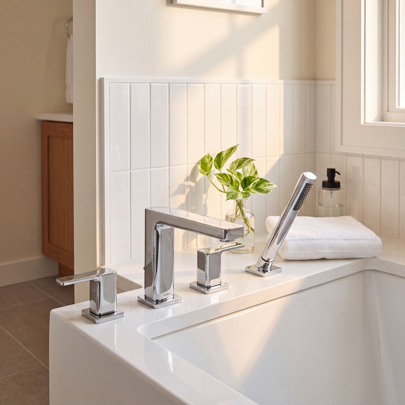 90 Degree Double Handle Deck Mounted Roman Tub Faucet Trim with Diverter and Handshower, Chrome