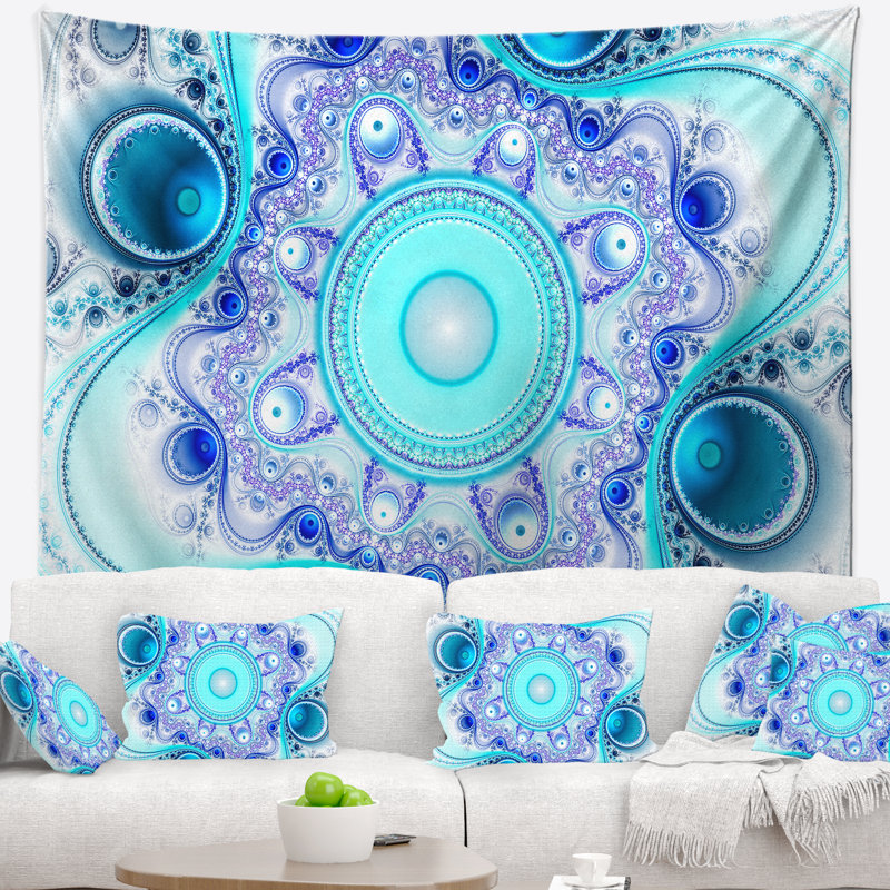 Tapisserie abstraites et cercles ondulés turquoise, H 68 po x l 80 po