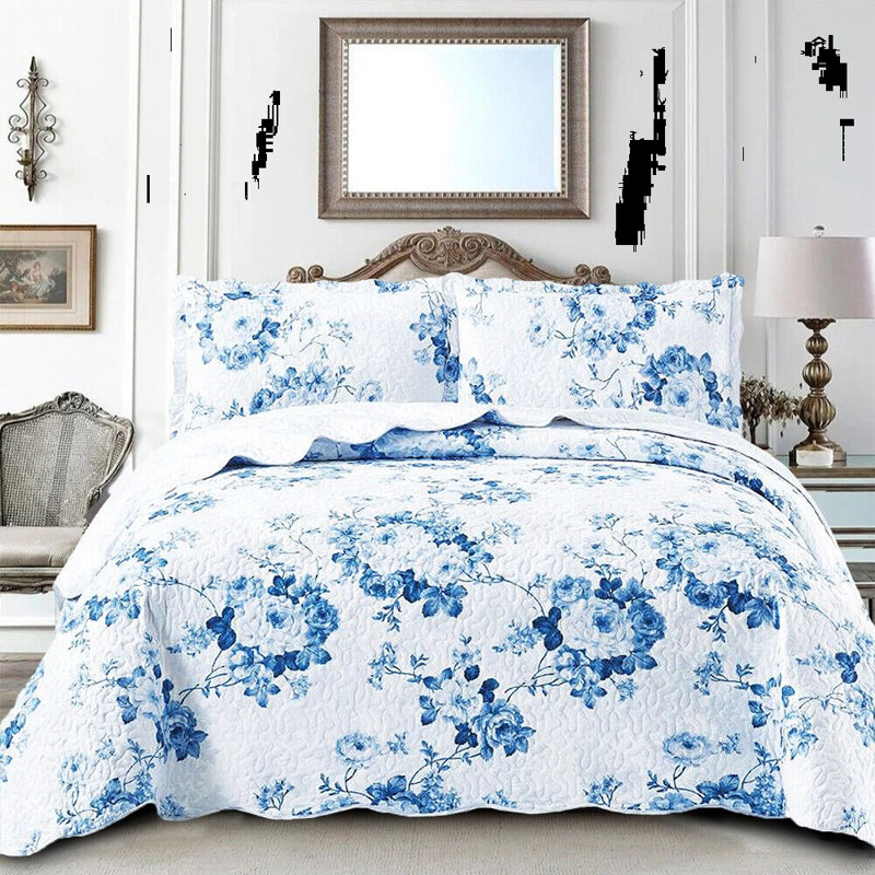 Printed Bedspread Set Floral Pattern with Matching Pillow Shams, Soft Microfiber Coverlet, Lightweight & All-Season Bedding