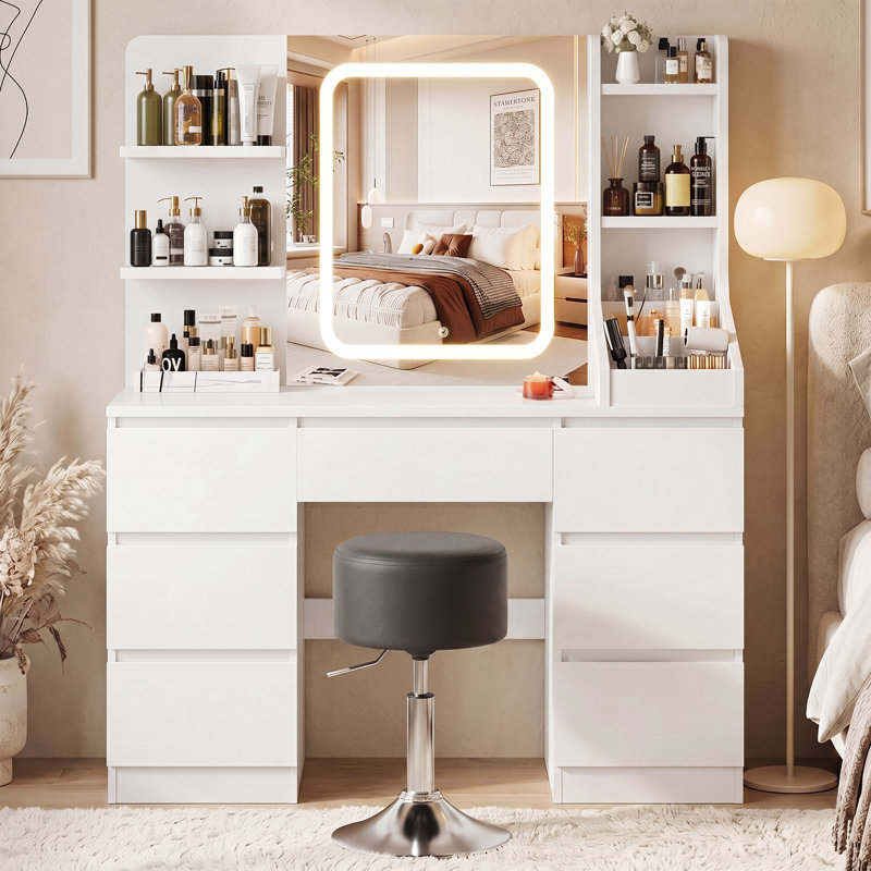 110Cm Desktop Grey Dressing Table 3 Colorful Light Makeup Vanity Table With Stool, White