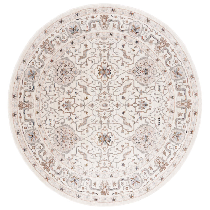 Tapis oriental en polyester tissé à la machine en ivoire / gris, Rond 6 pi 3 po