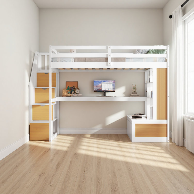 Lit mezzanine double avec bureau et tablettes, deux tiroirs intégrés, escalier de rangement, Naturel