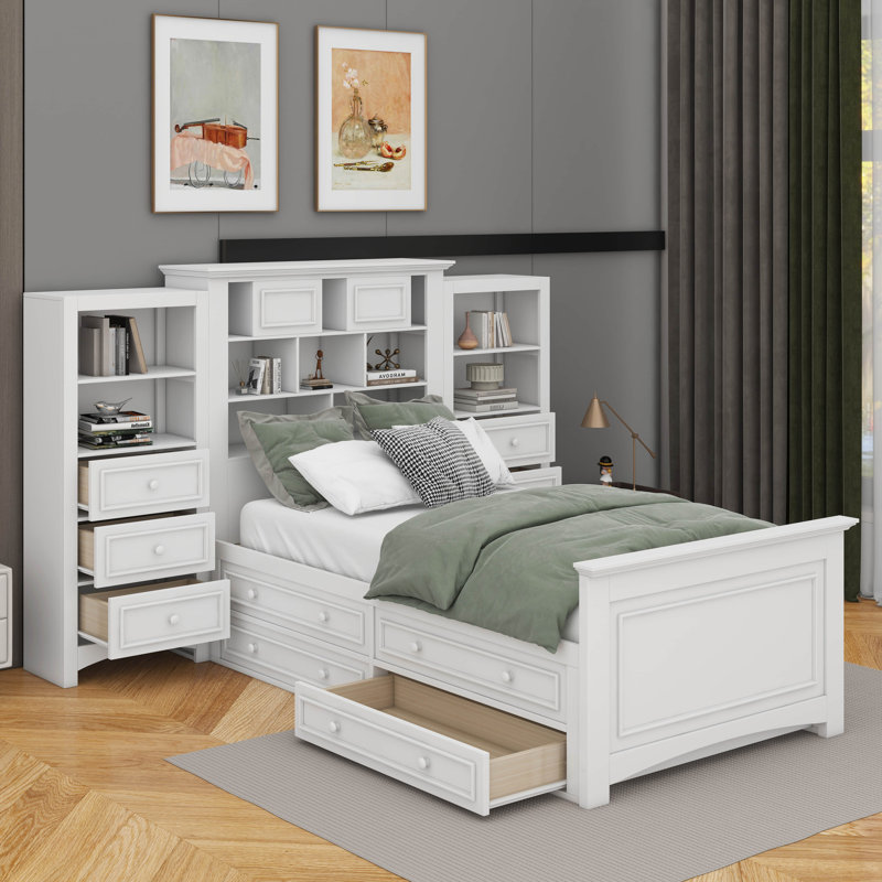 Lit plateforme simple en bois avec armoire verticale et tiroirs, Blanc