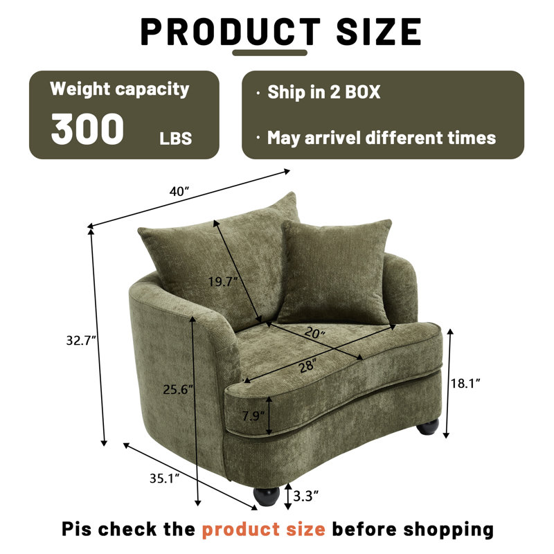 40" Modern Chenille Accent Chair,comfy Reading Chair With Solid Wood Legs, Green