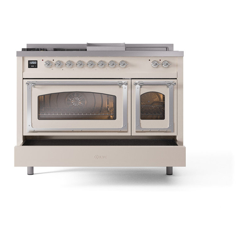ILVE Nostalgie II Noblesse 48 inch Dual Fuel Range (5 Sealed Burners + Griddle + French Top, Triple Glass Door), Chrome