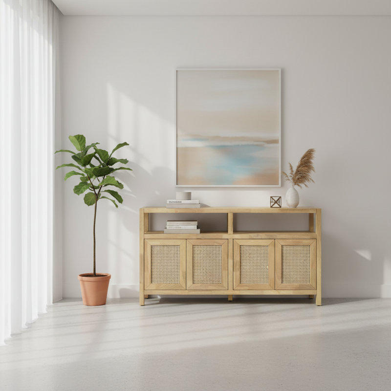 Sideboard with Adjustable Shelves & Push-to-Open Doors, Wood Frame Buffet Cabinet, Brown
