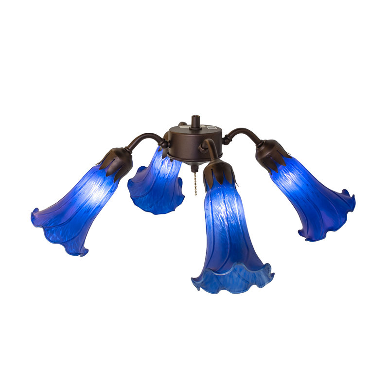 19" Wide Amber/Purple Tiffany Pond Lily 4 Light Fan Light, Blue