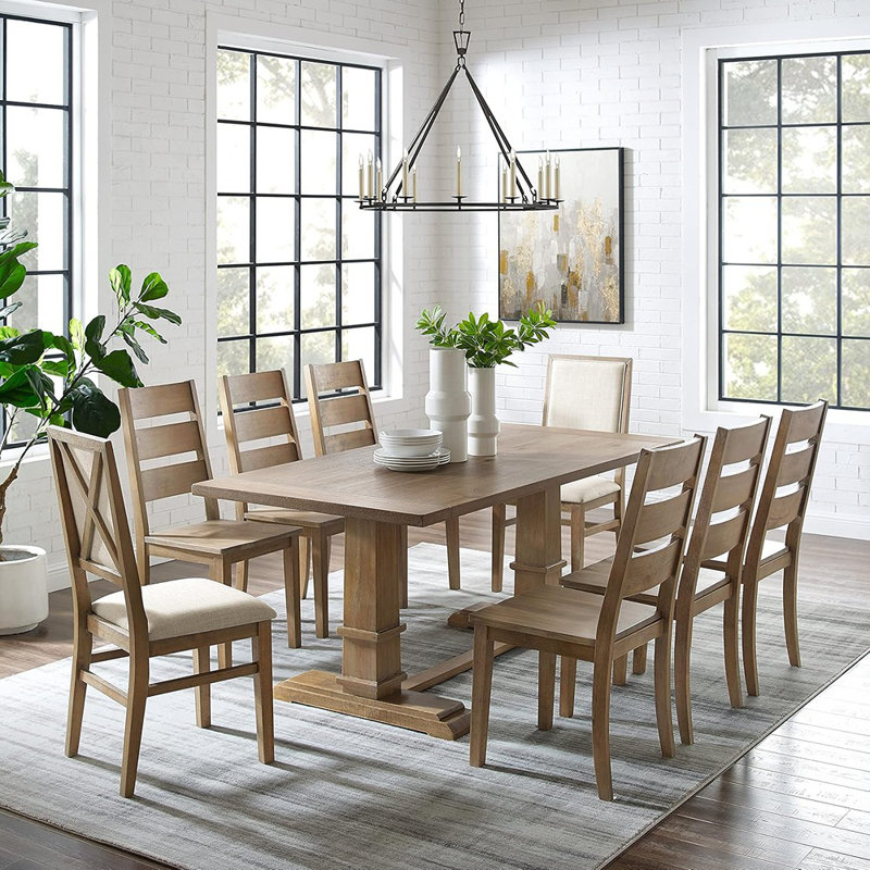 Ensemble de table de salle à manger 9 pièces pour 8 personnes avec 6 chaises à dossier échelle et 2 chaises rembourrées, brun rustique / crème