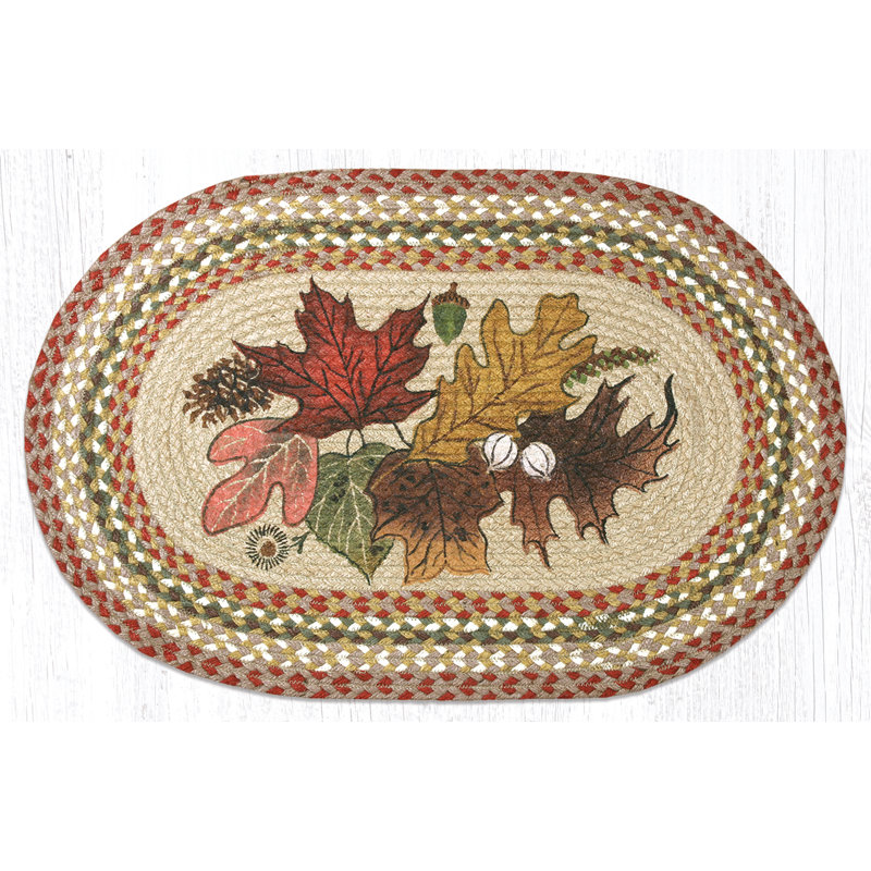  Autumn Leaves Oval Jute Rug 30" H Hand-Stenciled Braided Patch, Rustic Home Decor