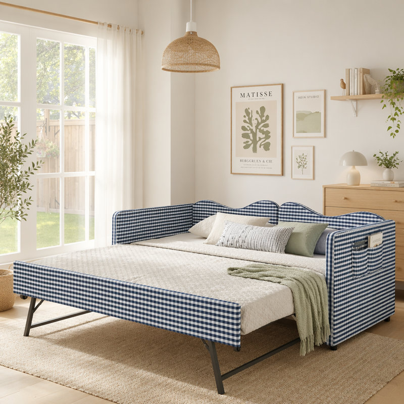 Lit de jour simple tapissier en vichy avec gigogne gigogne et poche de rangement, canapé-lit multifonctionnel en bois massif pour chambre d'enfant, bleu