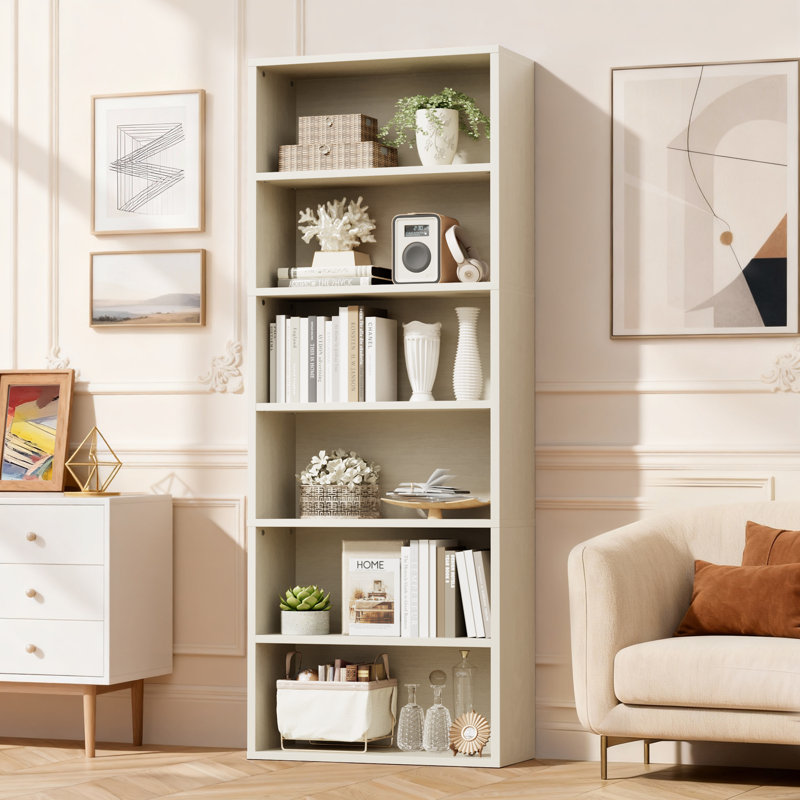 6-Shelf Corner Bookcase,Sturdy Red Storage for Home Office,Living Room, Beige