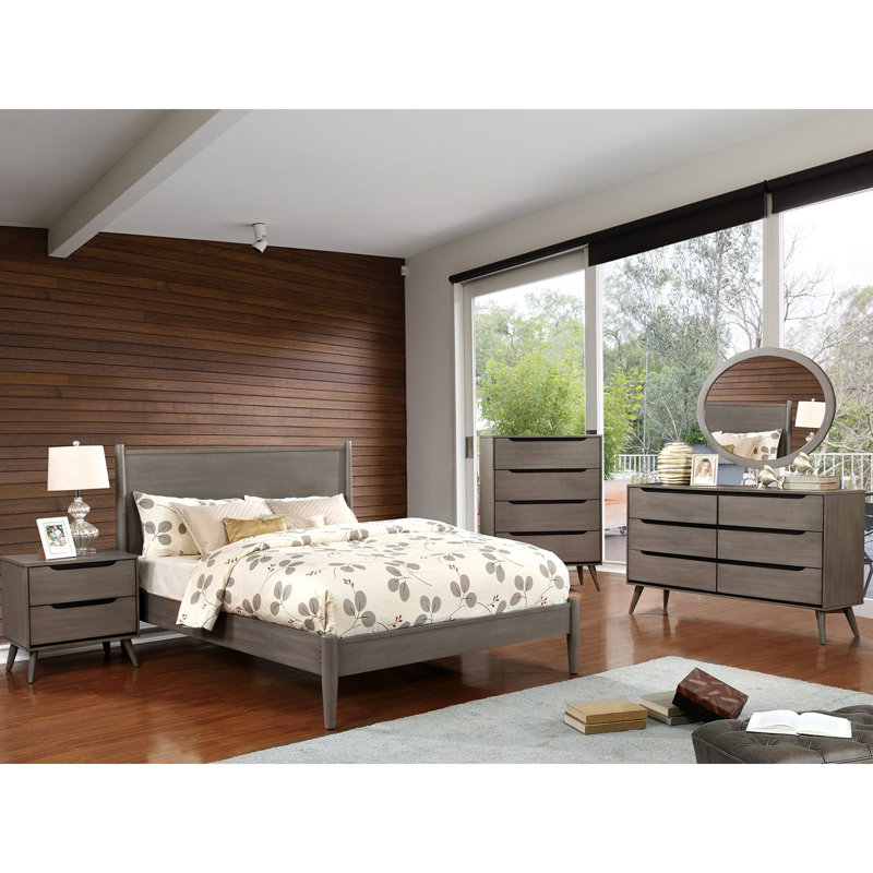 Bedroom Mid-Century Modern Grey Nightstand With Solid Wood And 2 Storage Tempt
