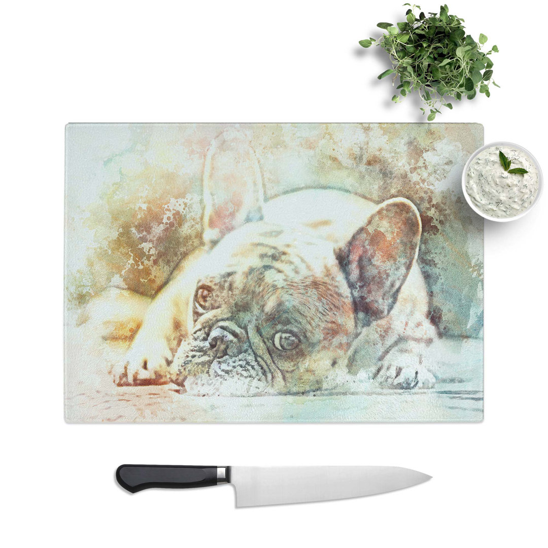 Glass Fawn French Bulldog Dog in Abstract Chopping Board