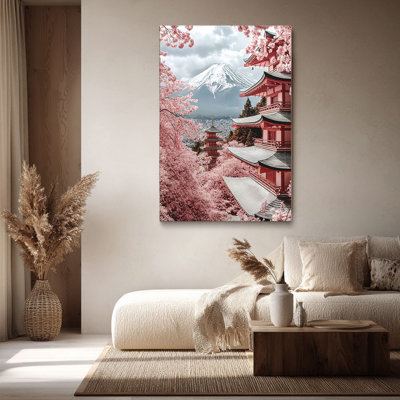 Japanese “Mt. Fuji & Pink Pagoda” Cherry Blossom Canvas Wall Art Stretched Frame for Cozy Studio