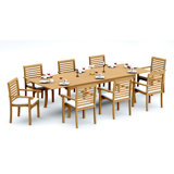 10 Seats 11 Pcs Grade-A Teak Wood Dining Set: 118" Double Extension Rectangle Table And 10 Hari Stacking Arm Chairs #11HR2410