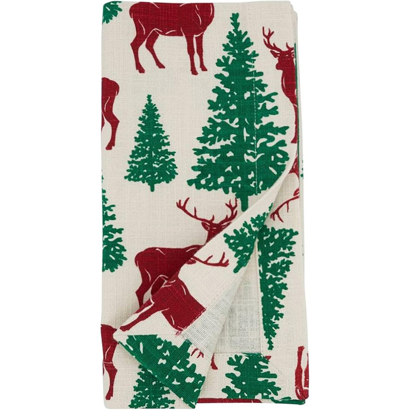 Multicolor Holiday Deer & Tree Christmas Cotton Cloth Napkins 20" W X 20" L, Set Of 4