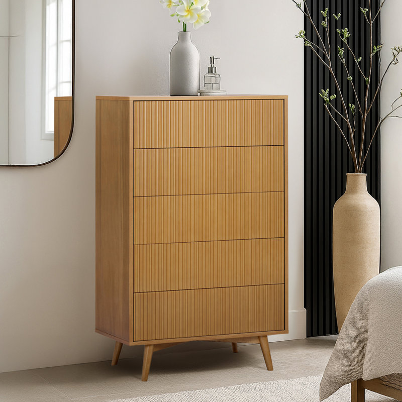 Solid Wood 76cm W 5 - Drawer Chest of Drawers, Natural