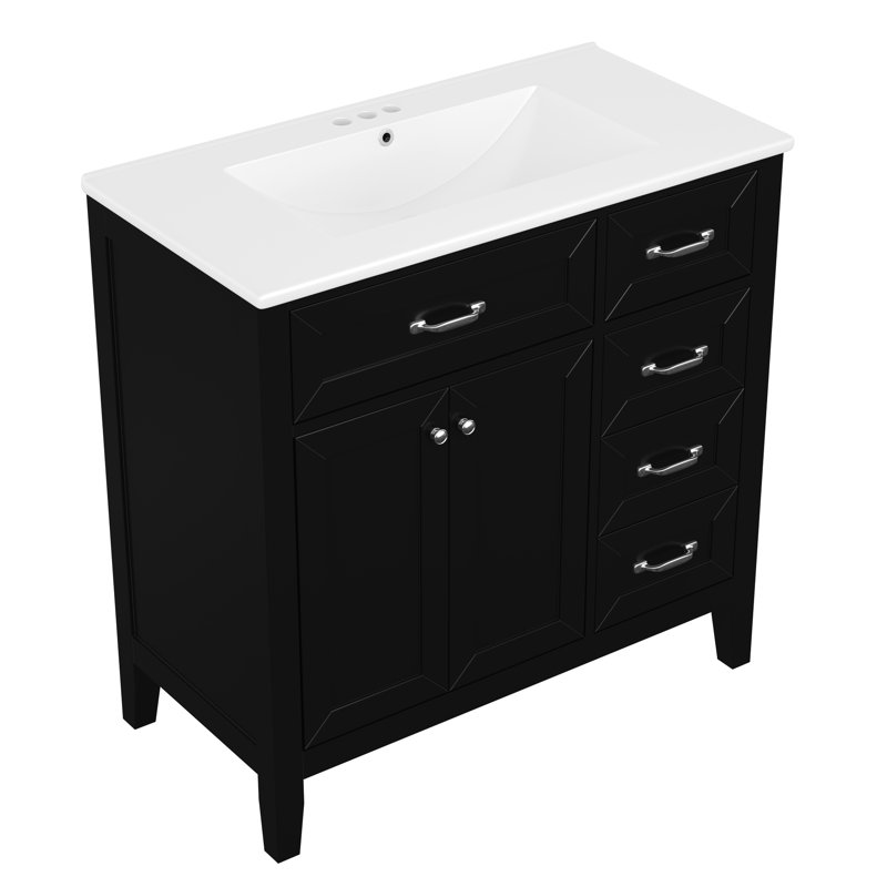 Meuble-lavabo de 36 po, armoire noire avec tiroirs, structure en bois d'hévéa massif, planche, meuble-lavabo moderne, lavabo autoportant et en céramique, grand espace de rangement pour les essentiels