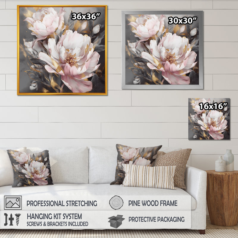Pink Grey Peonies Elegance II - Print, 16" H x 16" W, Floater Framed, White