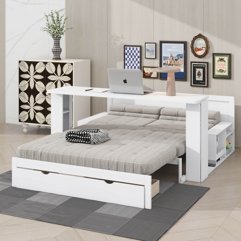 Full Size Wooden Daybed Featuring Storage Drawers, Detachable Desk, And Hydraulic Side Table, Full, White
