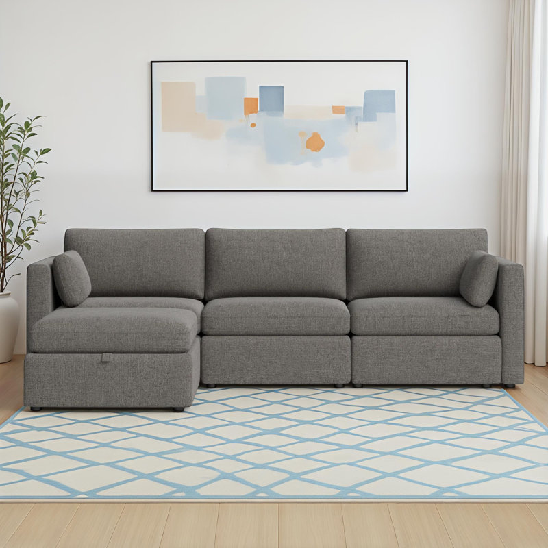Winfree 112.6" W 4-Piece Modular Sectional with Storage Ottoman , Fossil Grey