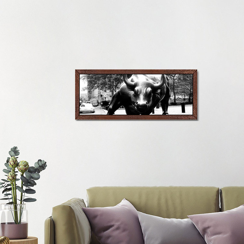Wall Street Bull Close-up - Panoramic Print on Canvas, 121.92 cm H x 40.64 cm W, Brown Framed
