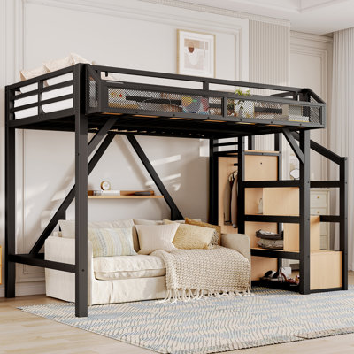 Twin XL Loft Bed with Storage Stairs, Shelves & Built-in Wardrobe, Metal Loft Bed Frame with LED & USB, Natural Wood