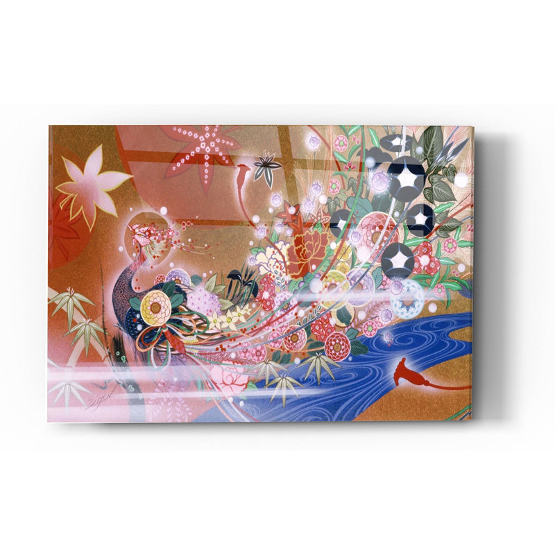 «Flowers Peacock» par Zigo Tanabe, art mural en verre acrylique, H 24 po x l 36 po x P 0,2 po
