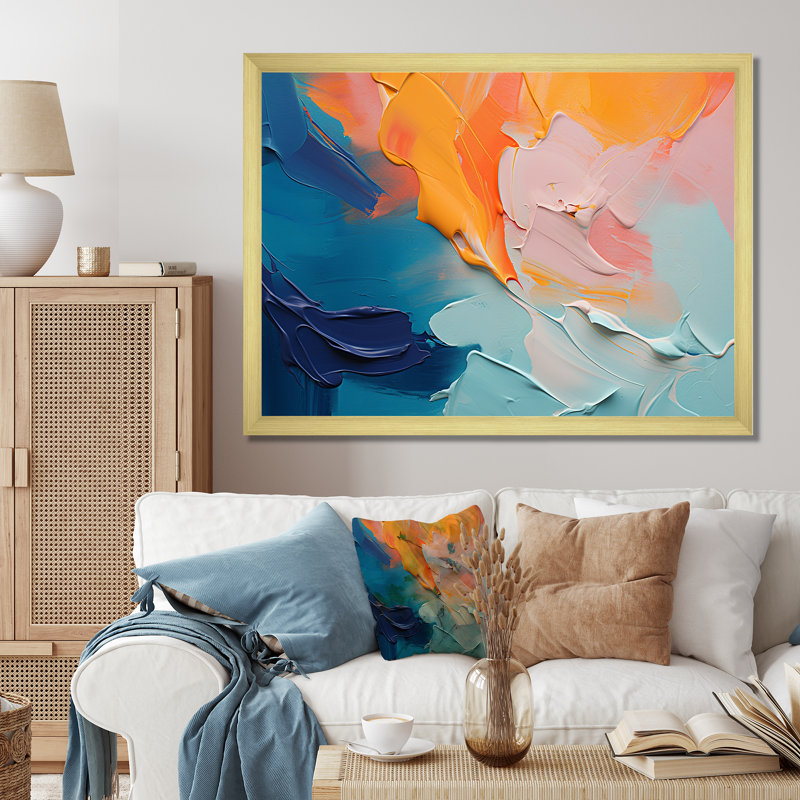 «Blue and Orange Paint Abstract Expression 2», art mural abstrait, Cadre doré à coins fermés, H 34 po x l 44 po x P 1,5 po