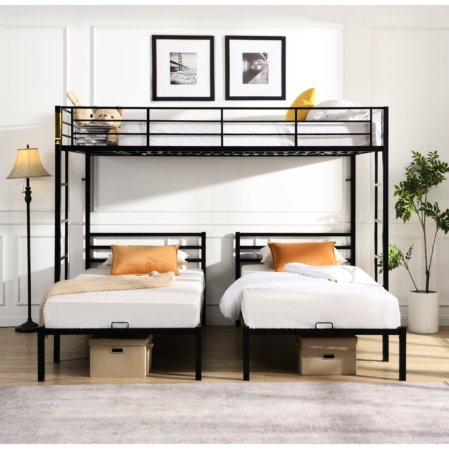 Daily Bunks Latitude Run® Triple Bunk Bed Of Black Metal With 1 Full And 2 Twin ...