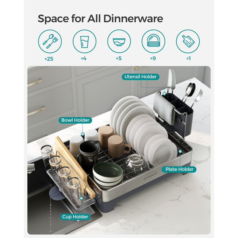 Égouttoir à vaisselle SONGMIC, égouttoir à vaisselle à 1 niveau pour comptoir de cuisine avec bec verseur rotatif et extensible, égouttoir à vaisselle avec ustensile, tasse, verre, porte-planche à découper, argent et gris