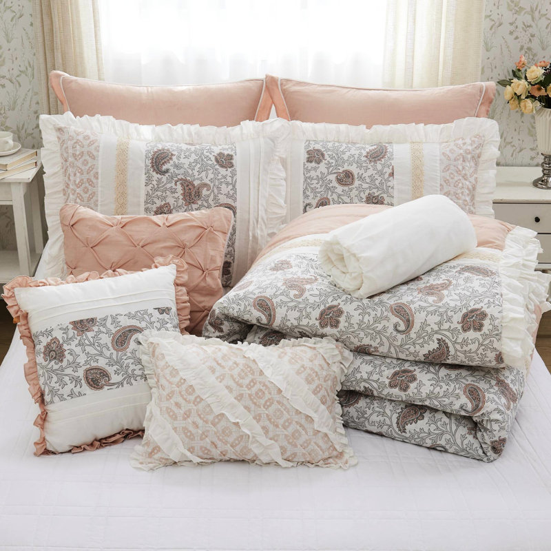 Édredon très grand en coton très sophistiqué avec détails pour la chambre de campagne, Rosé