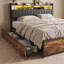 Double Drawer Brown Bed 140x200, Industrial Frame, Rustic Brown RGB LED Headboard, USB-C Charging, 4 Drawers-1988459290