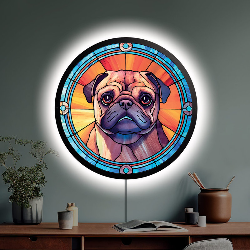 Enseigne néon Pug Enseigne néon | Enseigne lumineuse néon à DEL, H 15 po x l 15 po