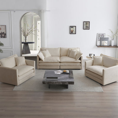 Beige Chenille 3 Piece - Pillows Included Enhance Your Living Room Home Office With Arm And Professionalism