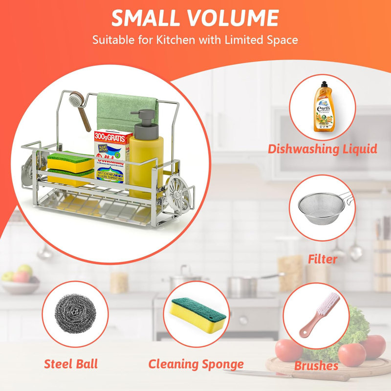 Porte-éponge en acier inoxydable pour évier de cuisine, organisateur de bac d'évier antirouille 304 avec drainage automatique, conception peu encombrante pour éponges, distributeur de savon, brosse et serviette (argent)