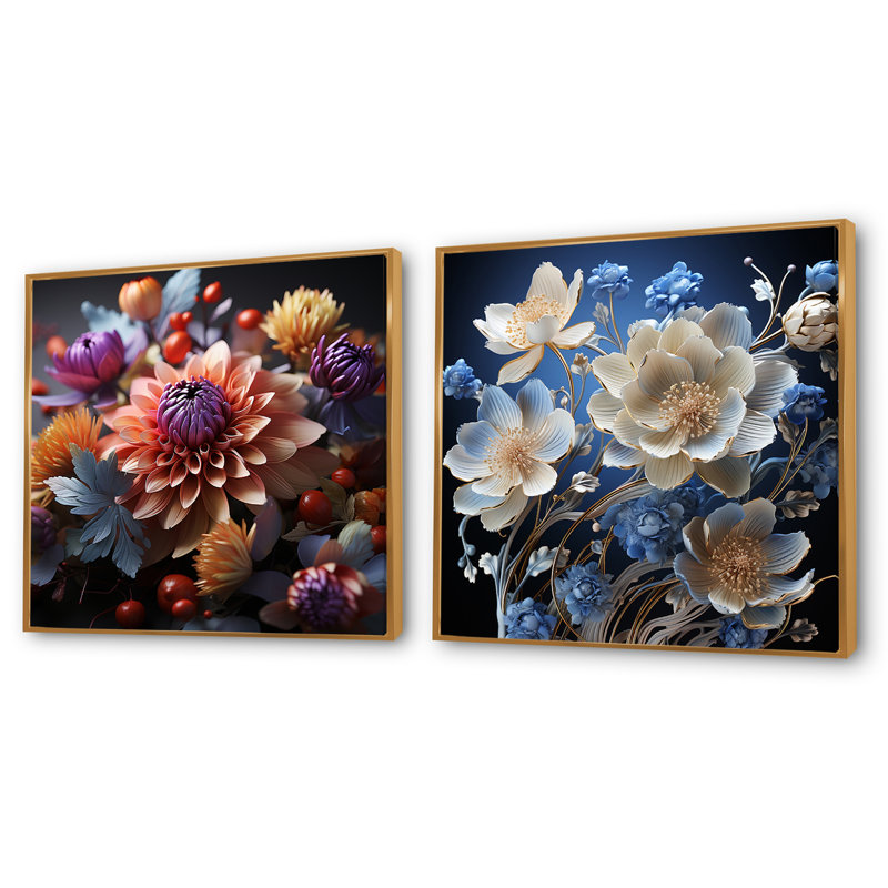 Ensemble de 2 fleurs de néon rose et bleu, Cadre flottant doré, H 30 po x l 61 po