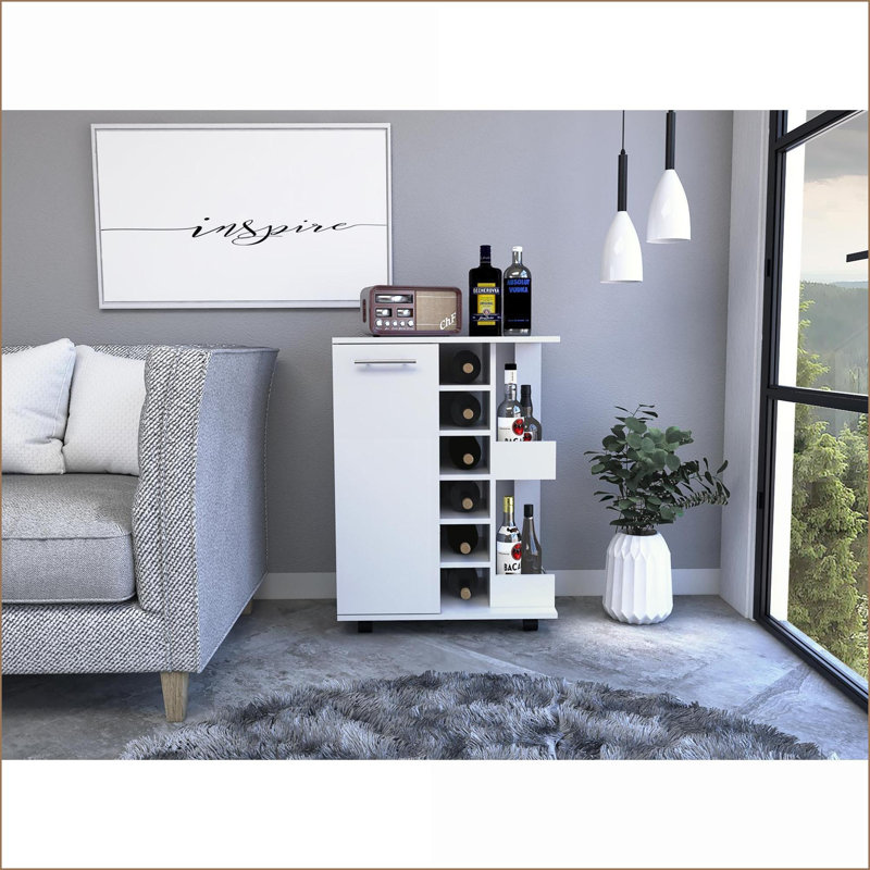 Chariot-bar avec armoire, 6 casiers à bouteilles, 2 tablettes - Blanc neige | Moderne | Panneau de particules