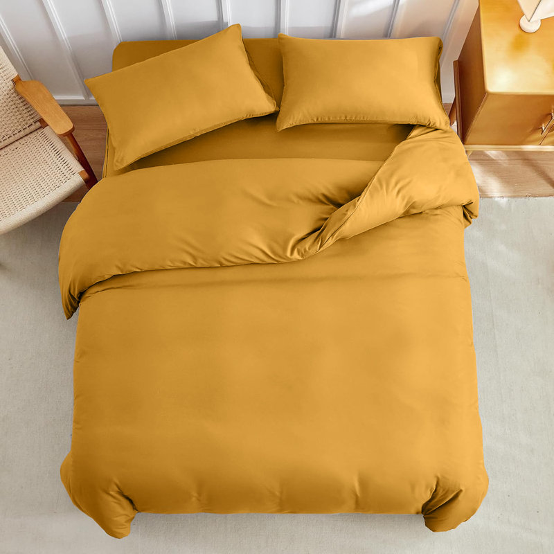 Super Soft Microfibre Reversible Plain Duvet Cover Set, Super King Duvet Cover Set + 2 Pillowcases, Mustard/Ocher