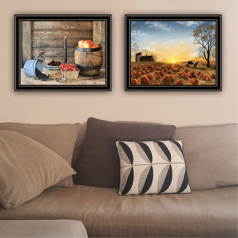 Art mural de salon, 2 lever de soleil d'automne, encadré noir, décoration intérieure, multicolore, papier de bois, lever de soleil 17,88 x 13,86