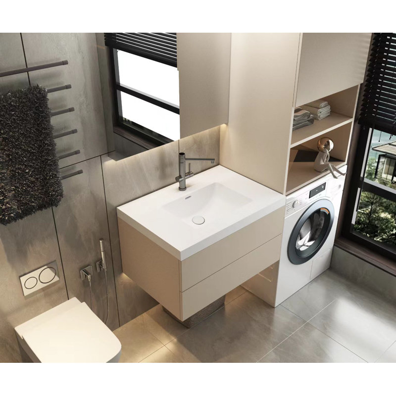 Comptoir de meuble-lavabo intégré 31 po - Résine solide blanc mat, trou de robinet simple, pour meuble-lavabo flottant