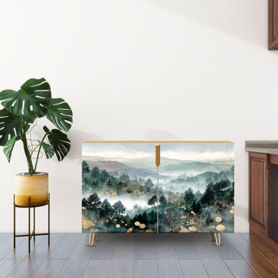 Sideboard Buffet Cabinet with Storage Nature Inspired Watercolor Valley Art Print Pine Trees Fog with 2 Doors for Living Room and Kitchen