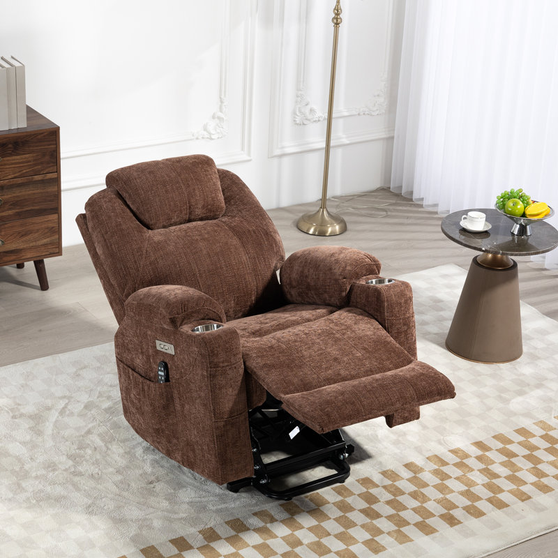 Aura 35" W Power Lift Recliner, Heated Massage, Stainless Steel Cup Holder, Thick Headrest, Brown