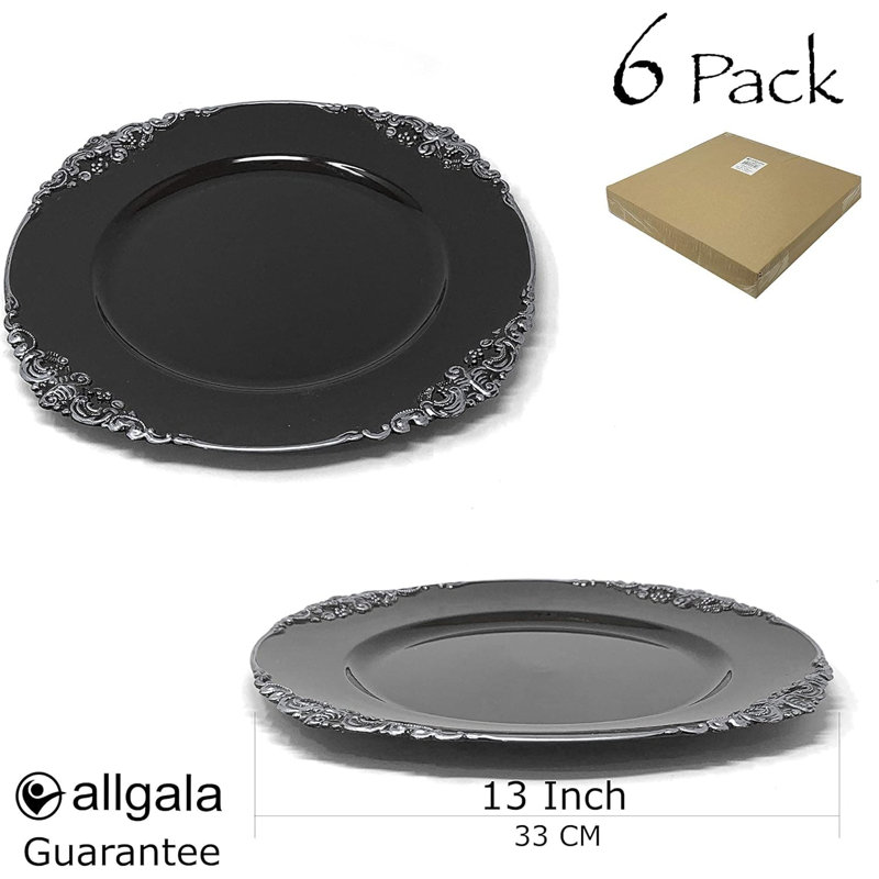 13 Inch Floral Black Gold Trim Charger Plates 6 Pack, Heavy Duty Round Table Chargers