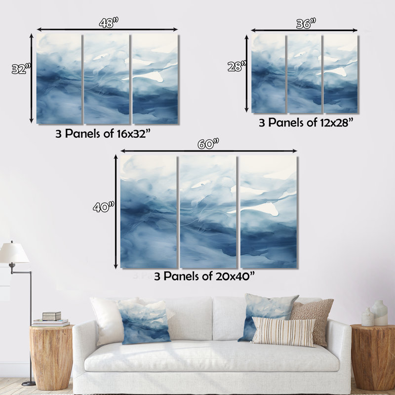 Nuage d'aquarelle bleu et blanc dansant 3 pièces, H 28 po x l 36 po x P 1 po