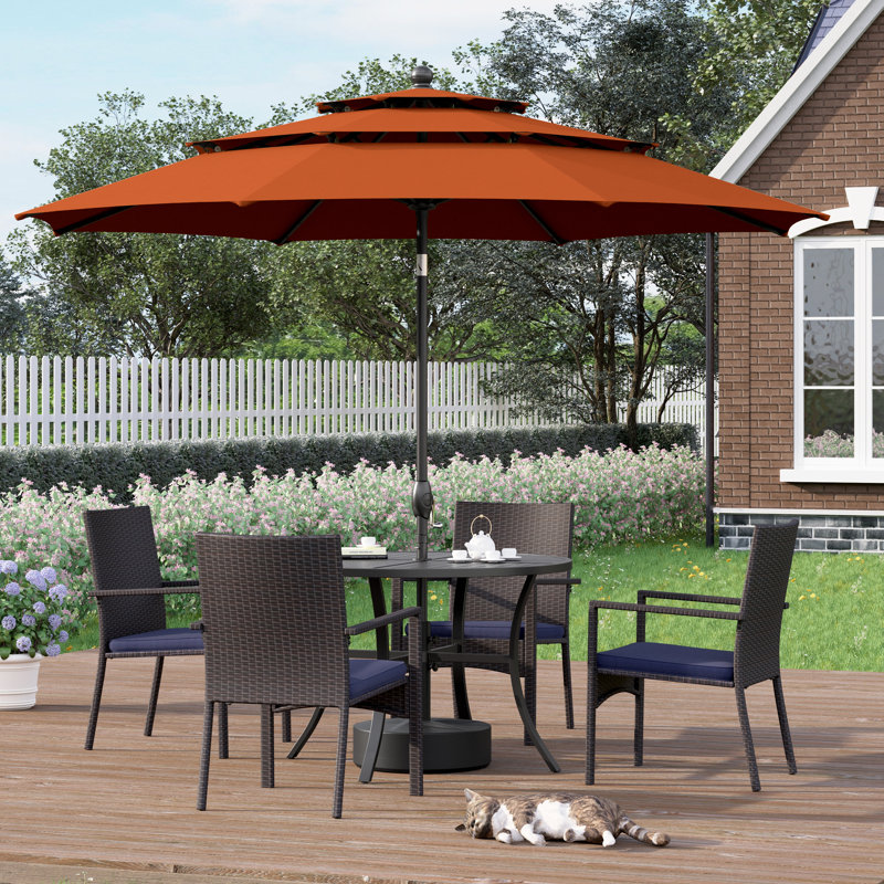 Ensemble de salle à manger de patio 6 pièces 4 fauteuils en rotin et table ronde en métal avec parasol, Orange
